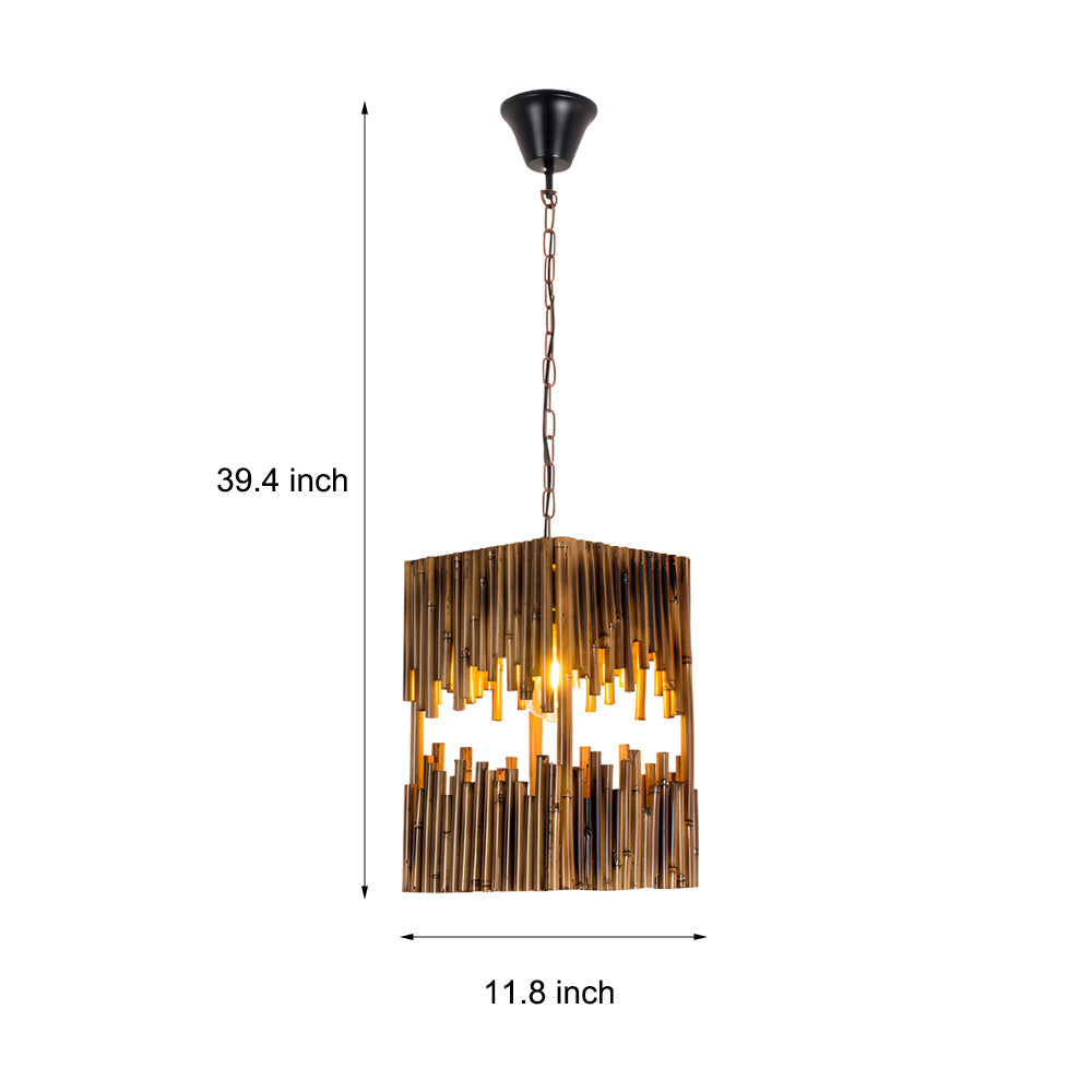 Retro Wood Bamboo Tube Cuboid Pendant Light - 1-Light Suspension Lamp