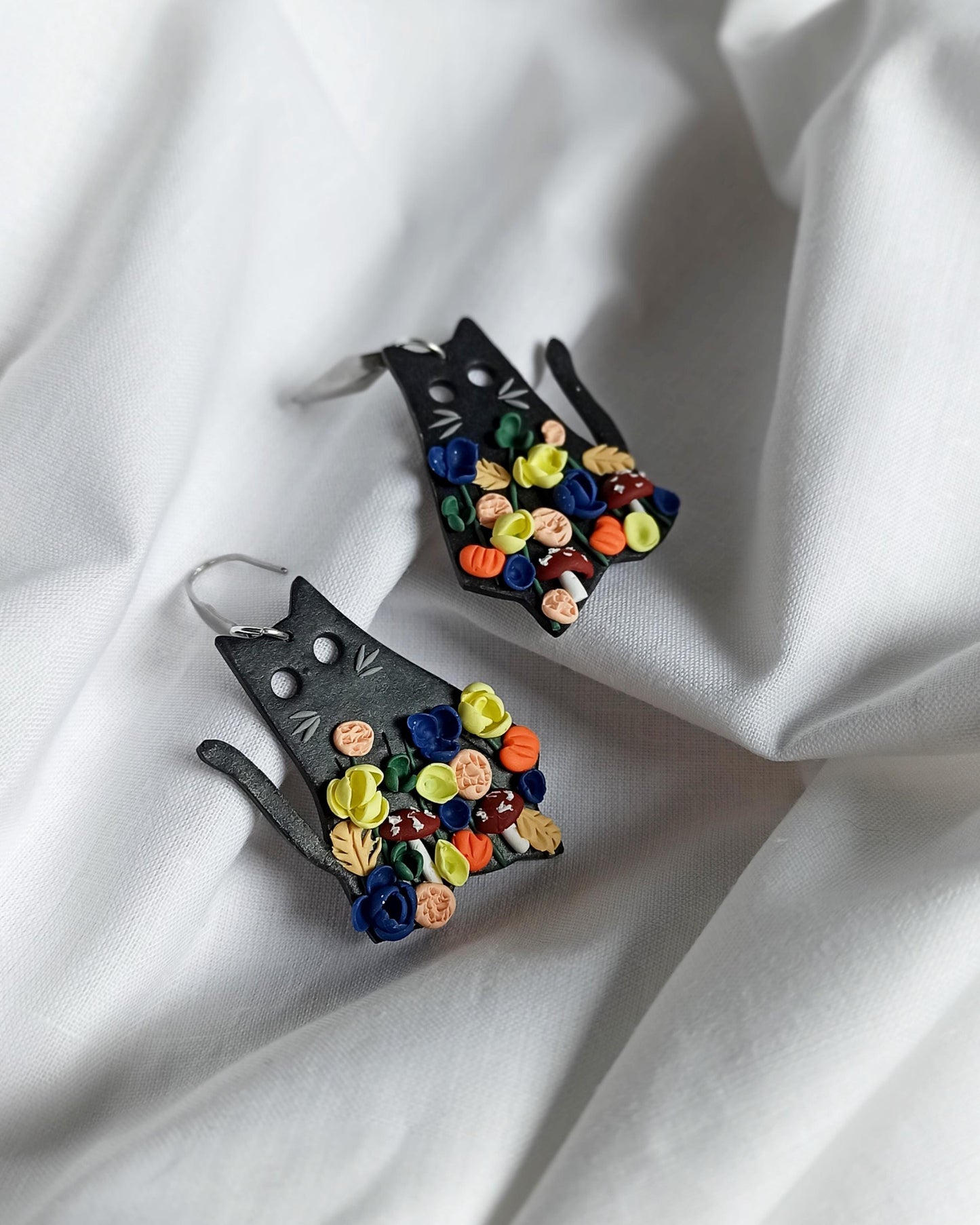 Black Cat Halloween Earrings | Polymer Clay Mushroom & Flower.