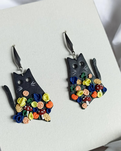Black Cat Halloween Earrings | Polymer Clay Mushroom & Flower 