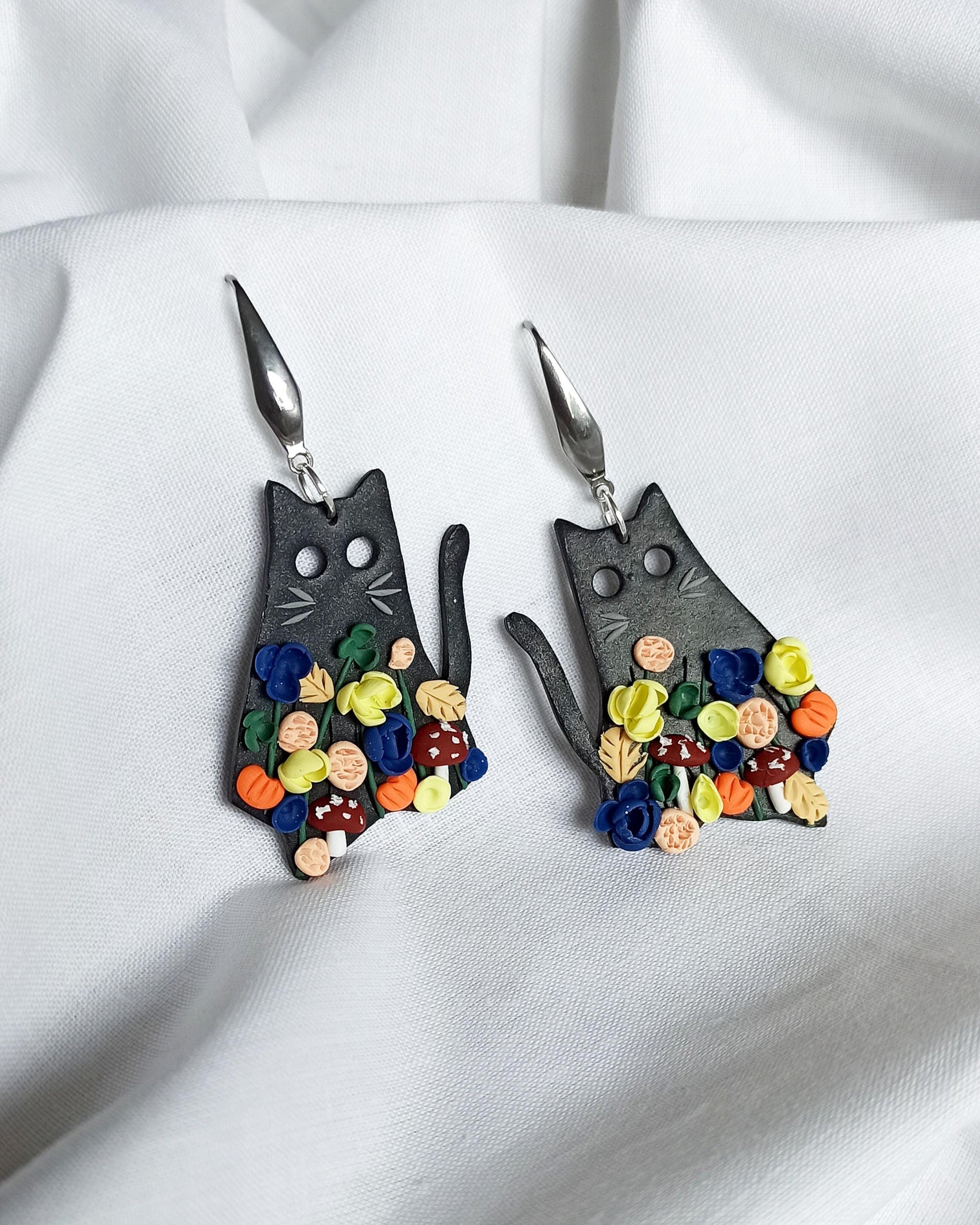 Black Cat Halloween Earrings | Polymer Clay Mushroom & Flower Cottagecore.