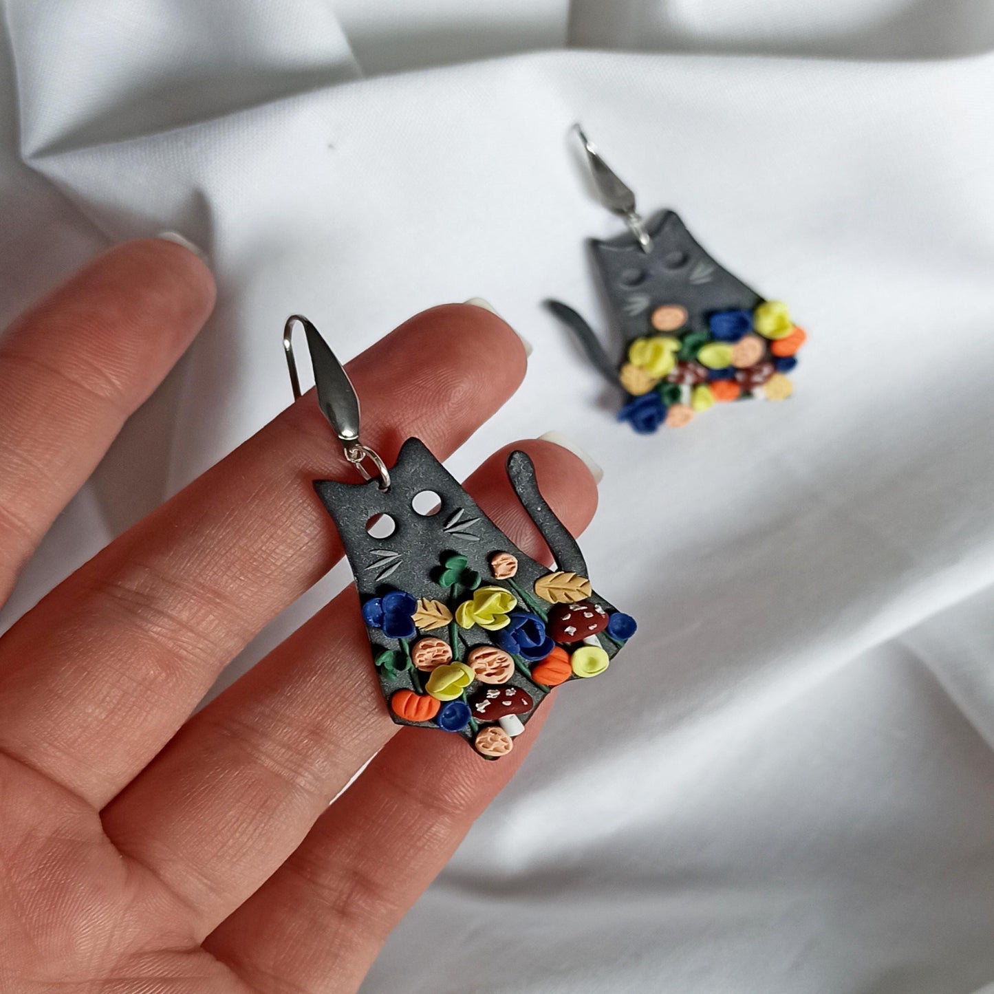 Black Cat Halloween Earrings | Polymer Clay Mushroom & Flower Cottagecore 