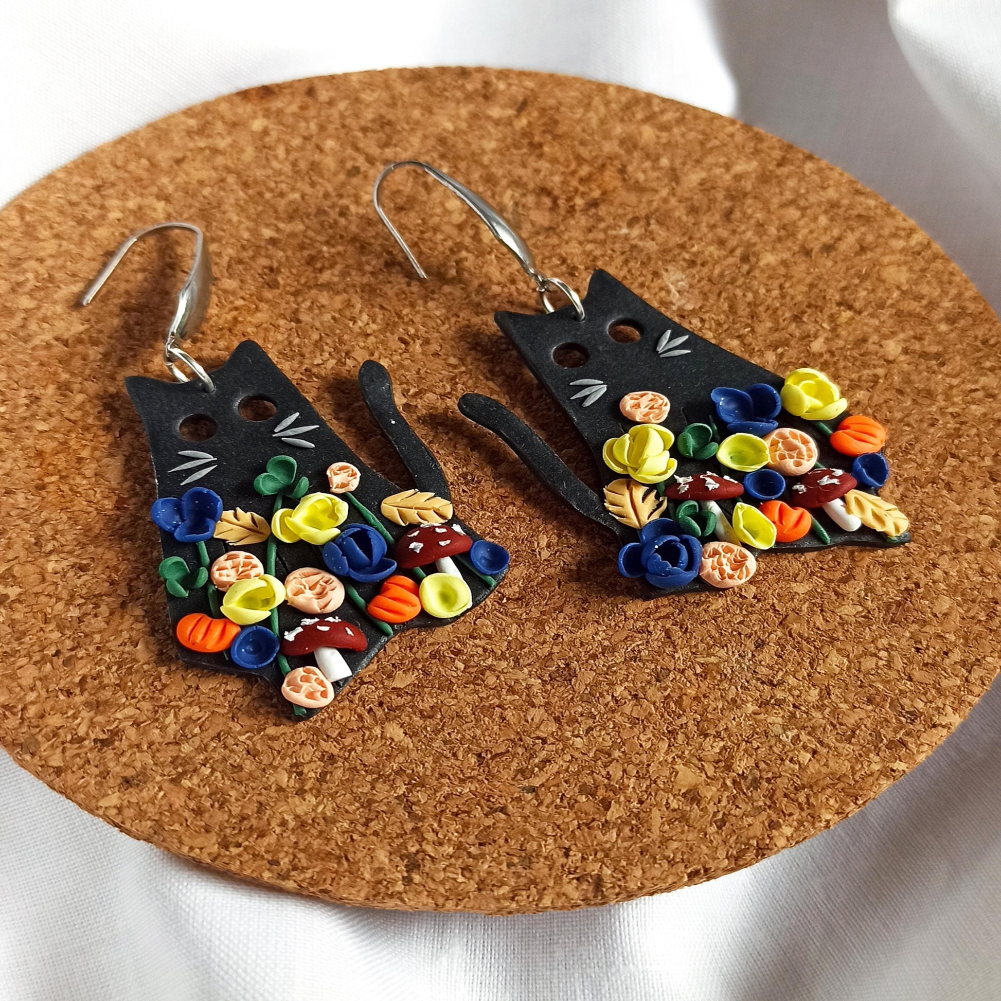 Black Cat Halloween Earrings | Polymer Clay Mushroom & Flower Cottagecore Jewelry.