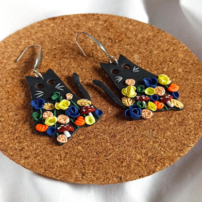 Black Cat Halloween Earrings | Polymer Clay Mushroom & Flower Cottagecore Jewelry.