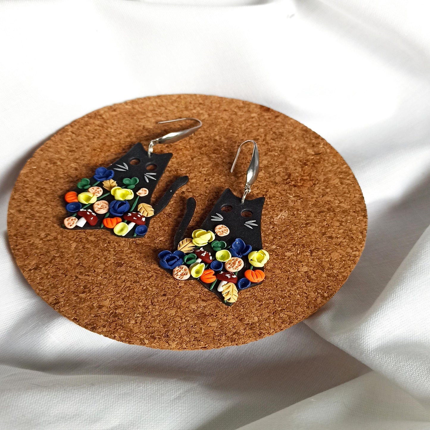 Black Cat Halloween Earrings | Polymer Clay Mushroom & Flower Cottagecore Jewelry