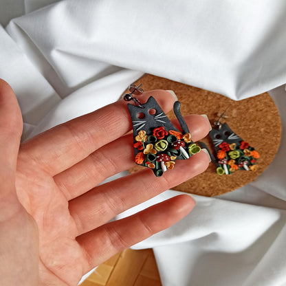Black Cat & Mushroom Halloween Earrings | Polymer Clay Whimsigoth Floral.