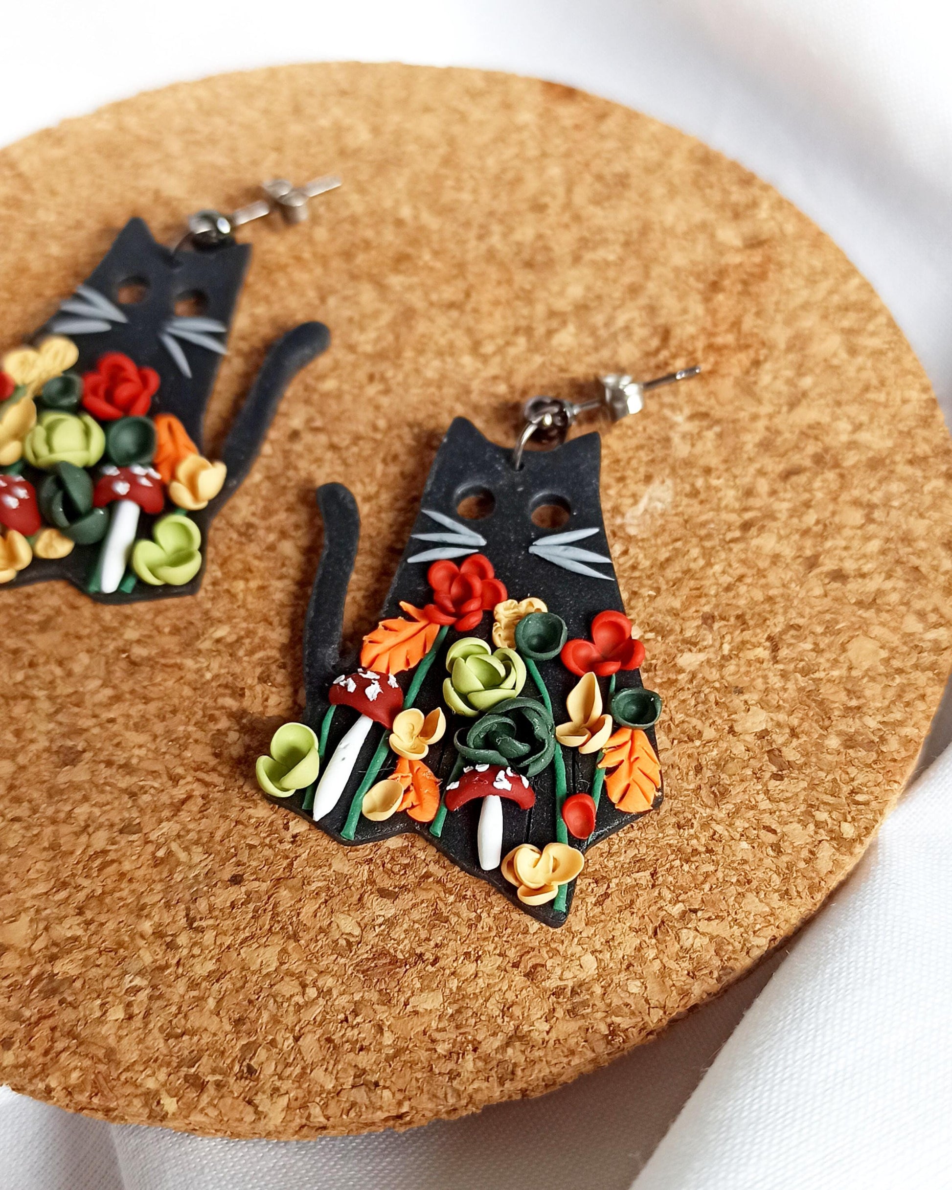 Black Cat & Mushroom Halloween Earrings | Polymer Clay Whimsigoth Floral.