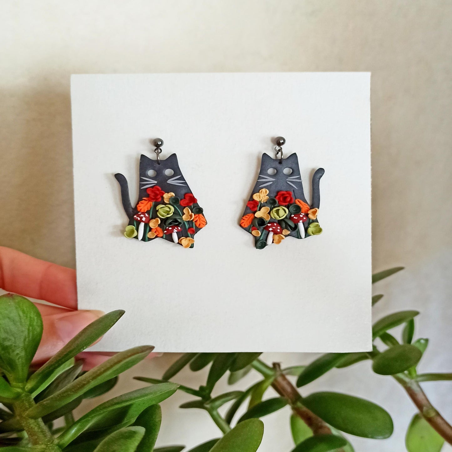 Black Cat & Mushroom Halloween Earrings | Polymer Clay Whimsigoth Floral Jewelry.