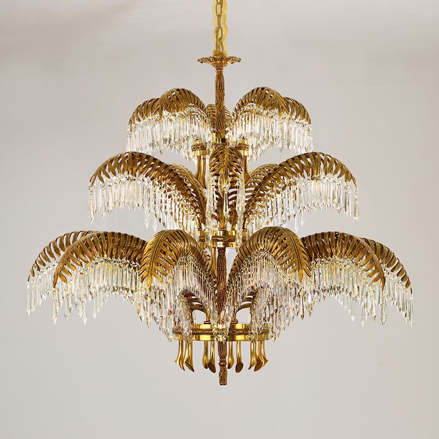 Brass Palm Leaf Crystal Chandelier