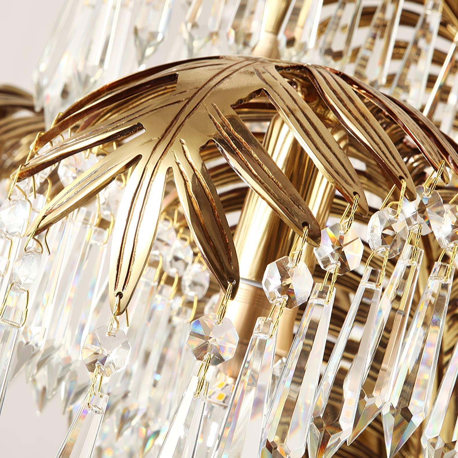 Brass Palm Leaf Crystal Chandelier