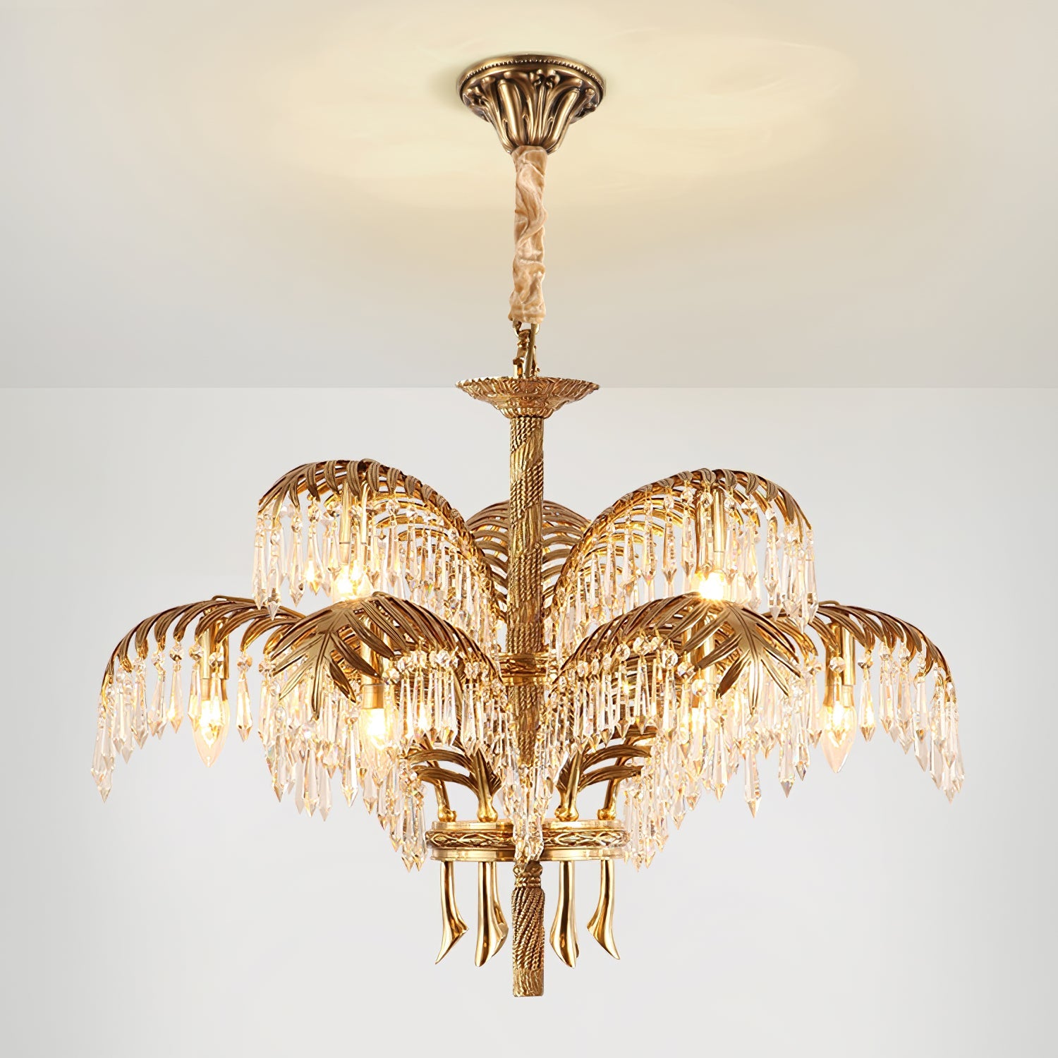 Brass Palm Leaf Crystal Chandelier