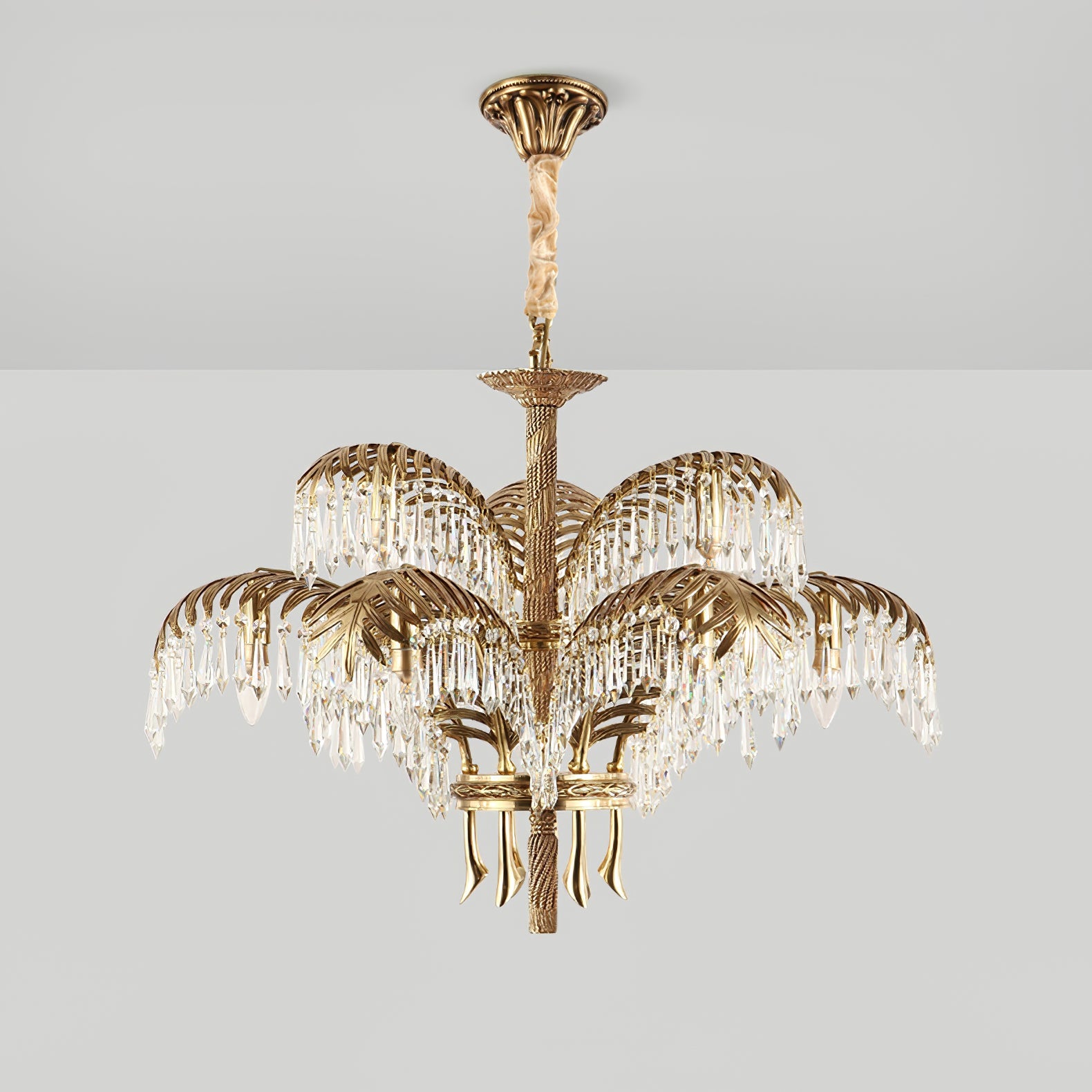 Brass Palm Leaf Crystal Chandelier