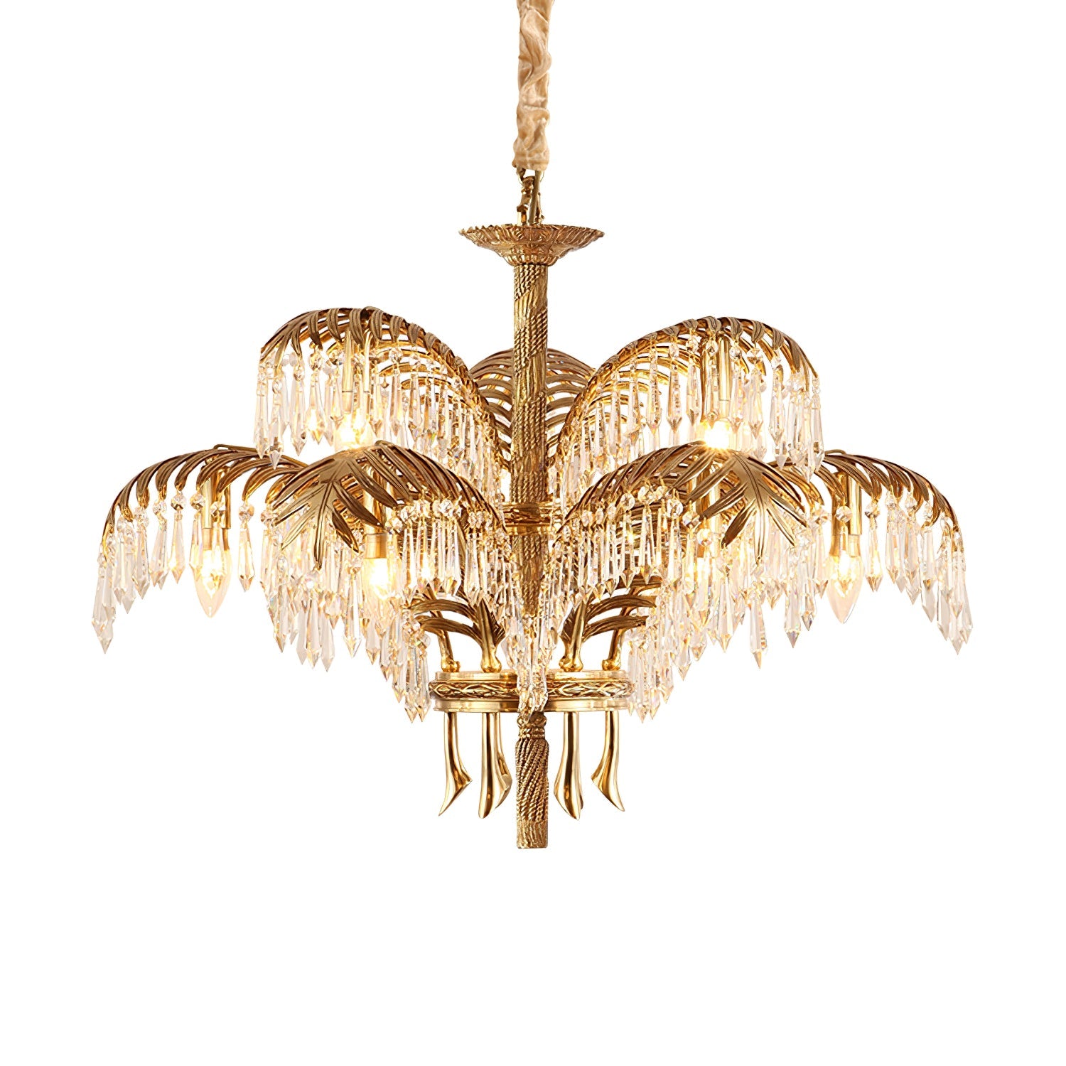 Brass Palm Leaf Crystal Chandelier