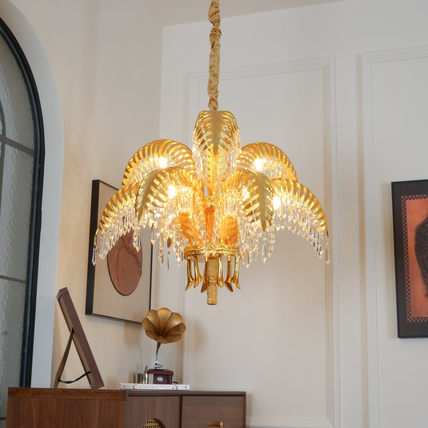 Brass Palm Leaf Crystal Chandelier