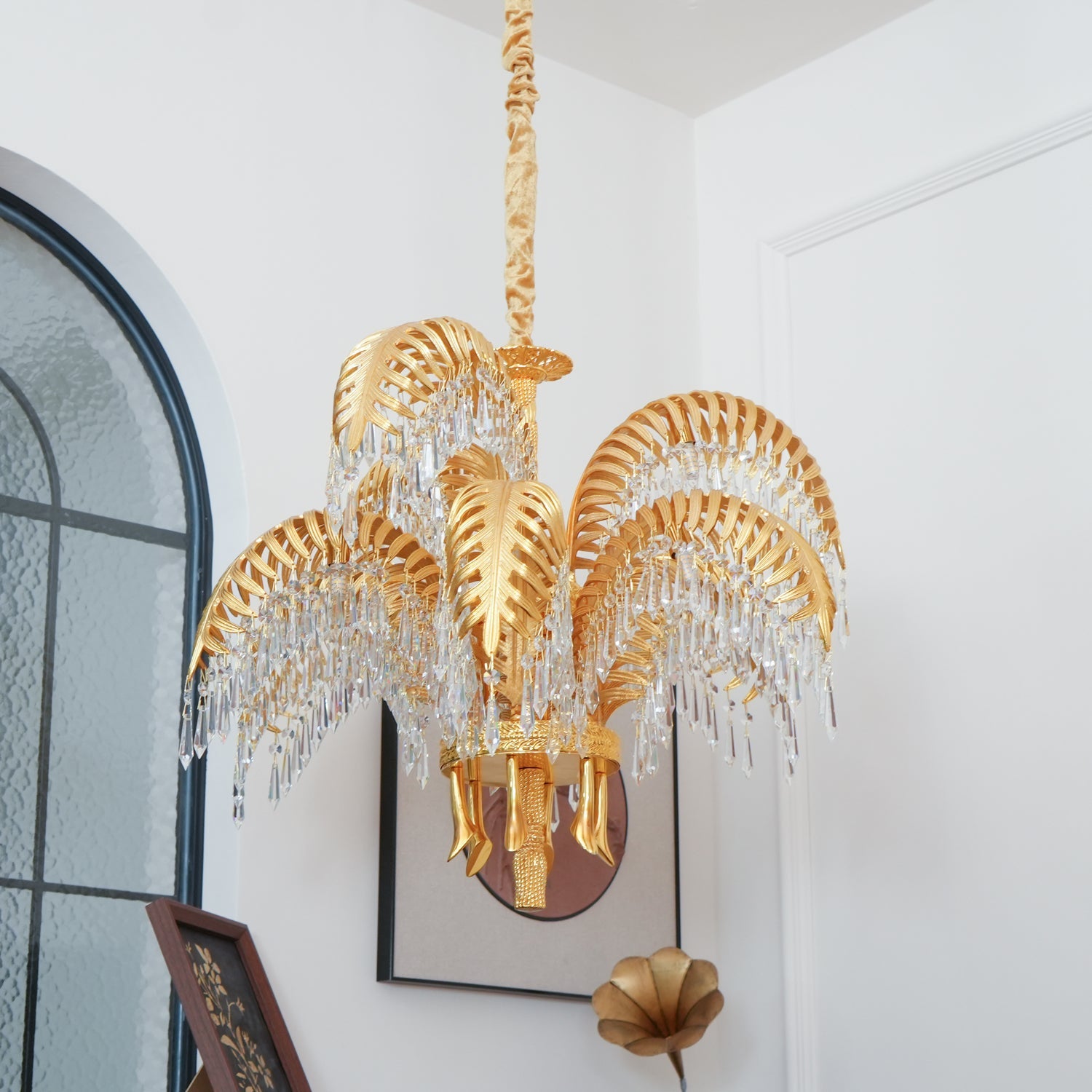 Brass Palm Leaf Crystal Chandelier