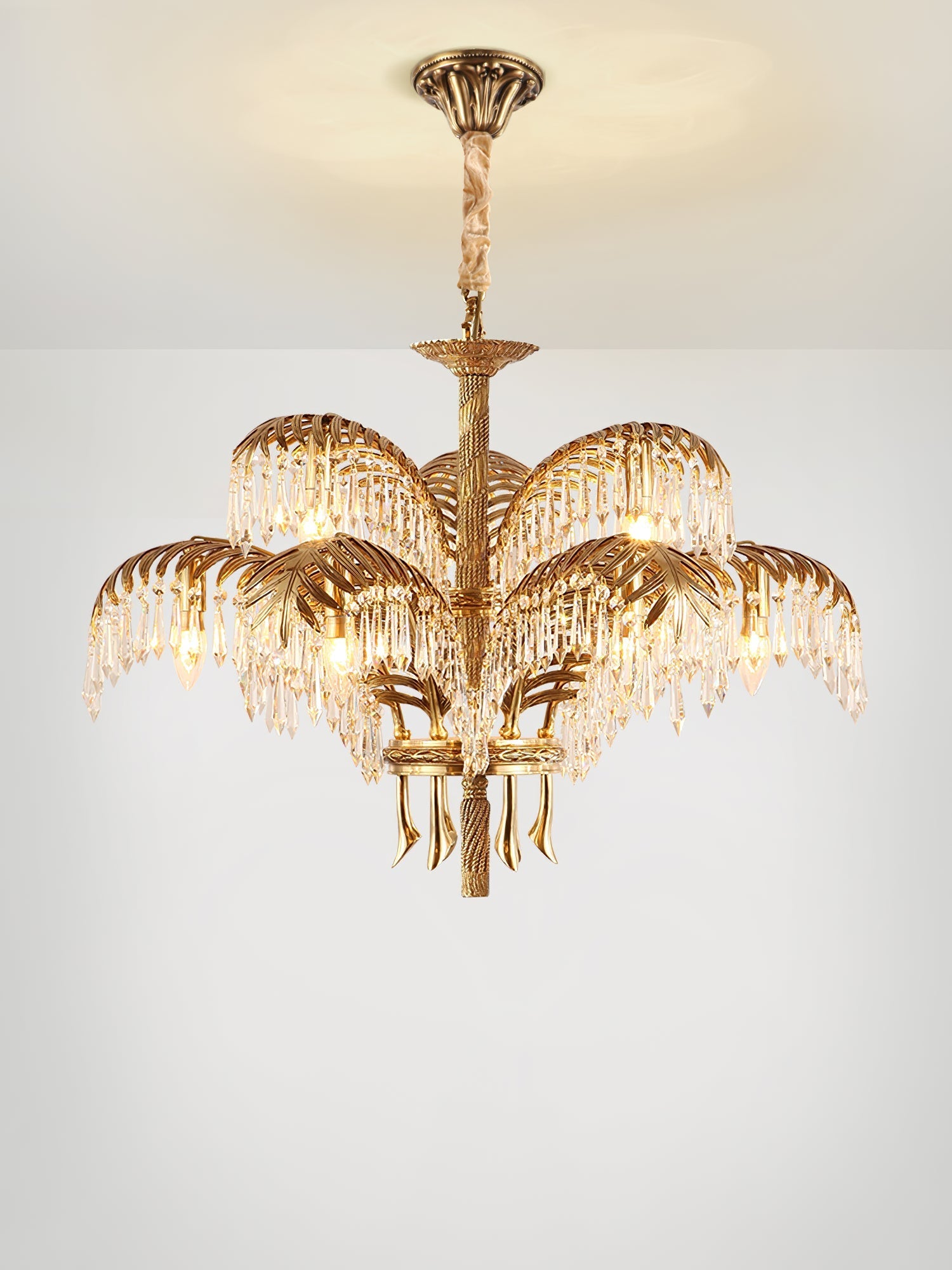 Brass Palm Leaf Crystal Chandelier