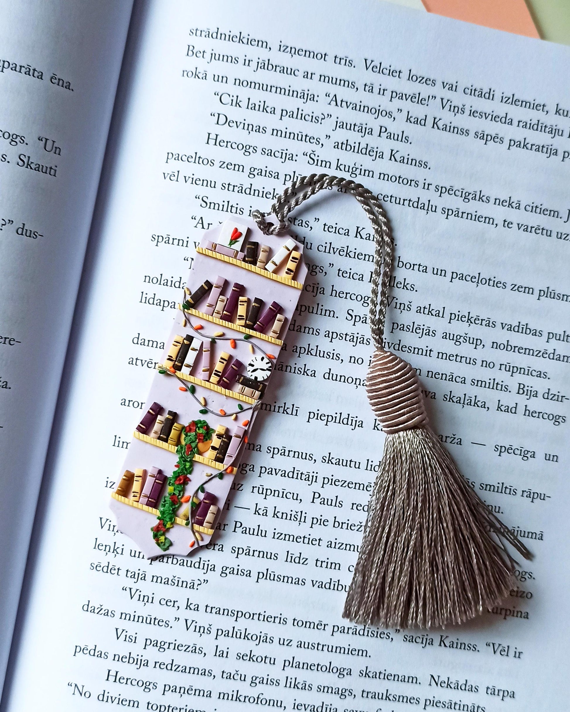 Handmade Christmas Tassel Bookmark | Purple Polymer Clay Reading Accessory | Unique Winter Bookworm Gift