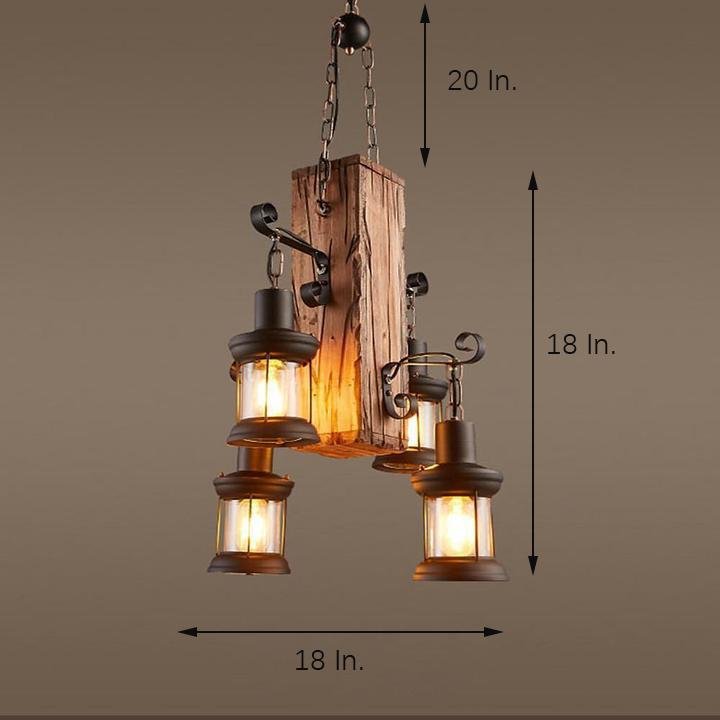 Lodge Style Farmhouse Chandelier Wooden Dining Room Chandeliers with 4 Lanterns Lights