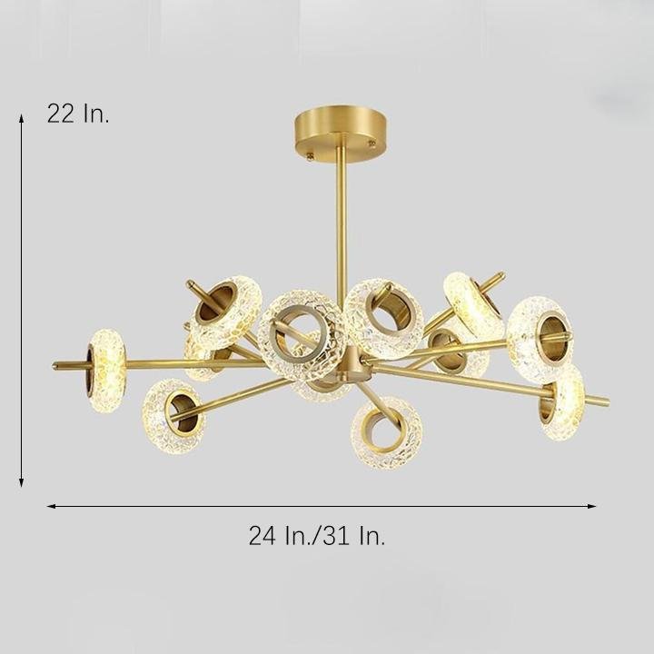 Modern Brass LED Chandelier with Ring Crystal Shades