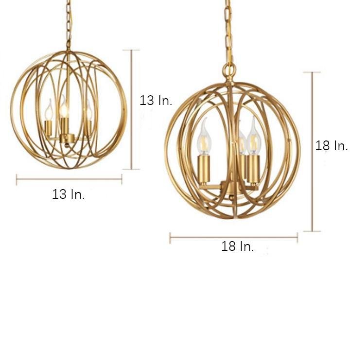 3 - Light LED Brass Globe Cage Candlestick Orb Chandelier