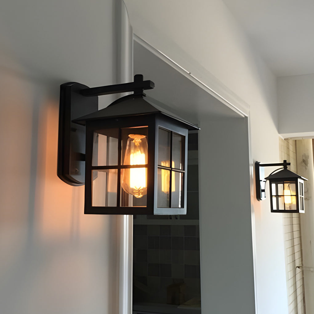 Antique Lantern Shaped Glass Waterproof Black Modern Wall Sconce Lighting