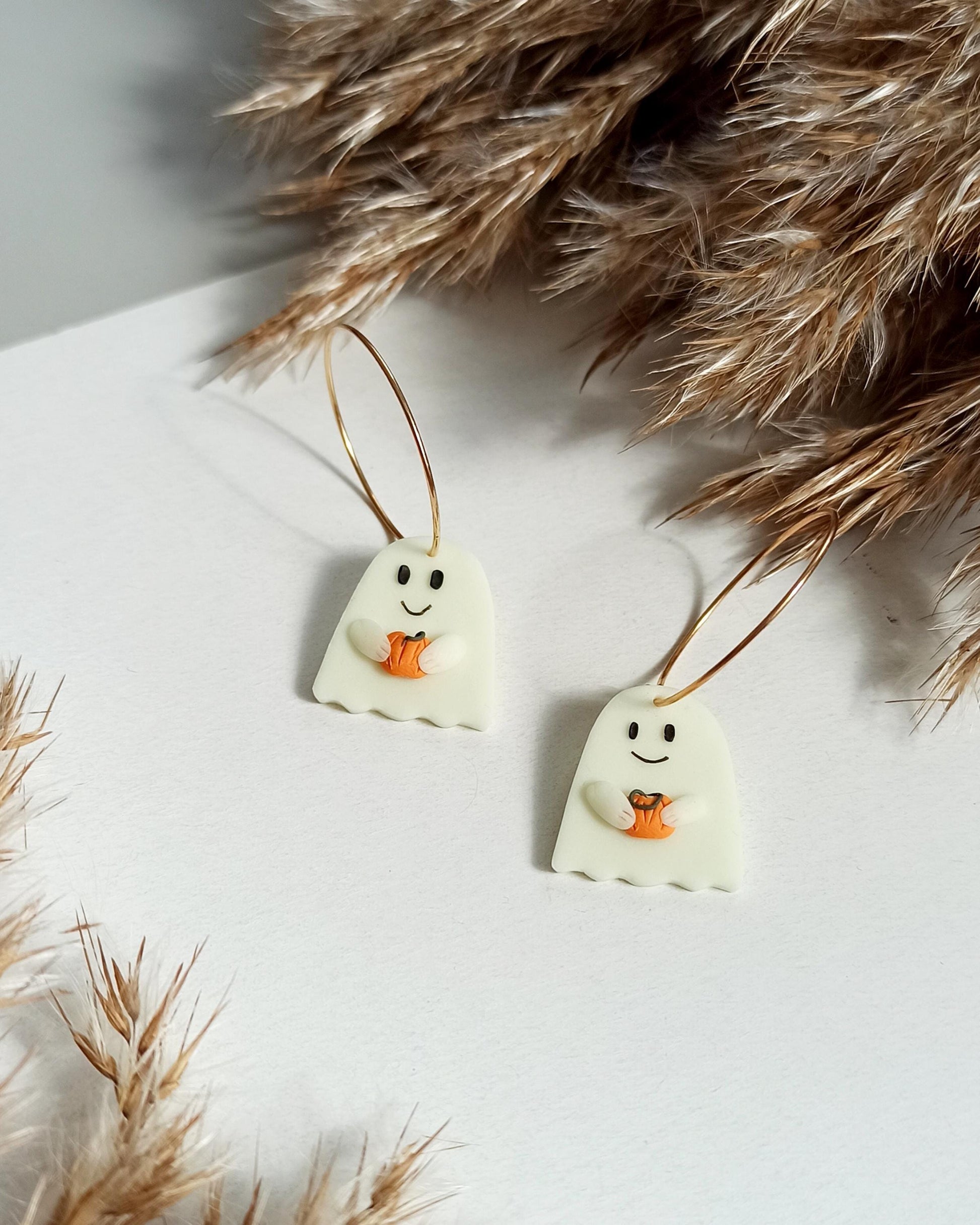 Glow in the Dark Ghost Earrings with Pumpkin | Handmade Polymer Clay Halloween Studs | Cute Spooky Ghost Gift