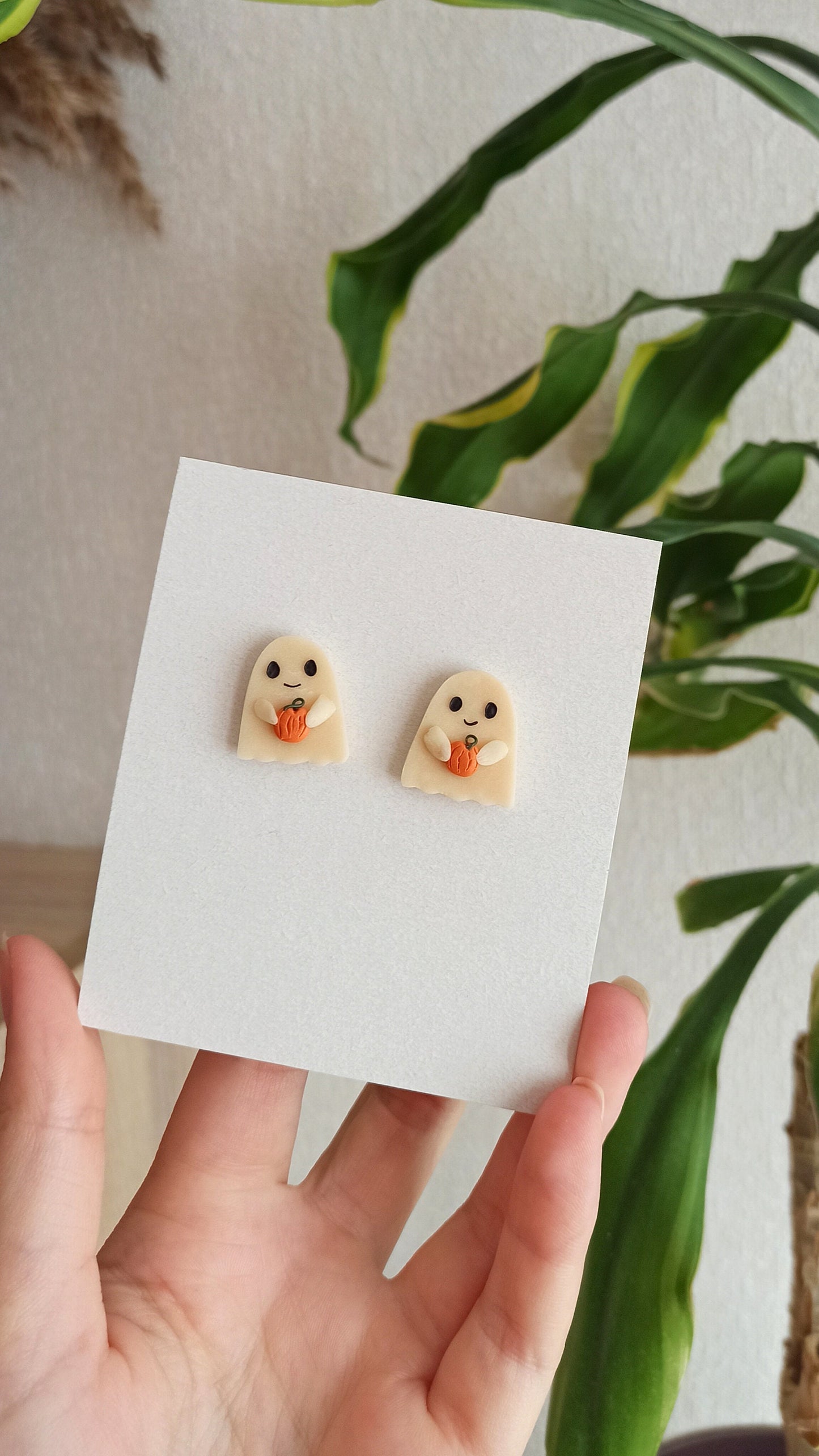 Glow in the Dark Ghost Earrings with Pumpkin | Handmade Polymer Clay Halloween Studs | Cute Spooky Ghost Gift