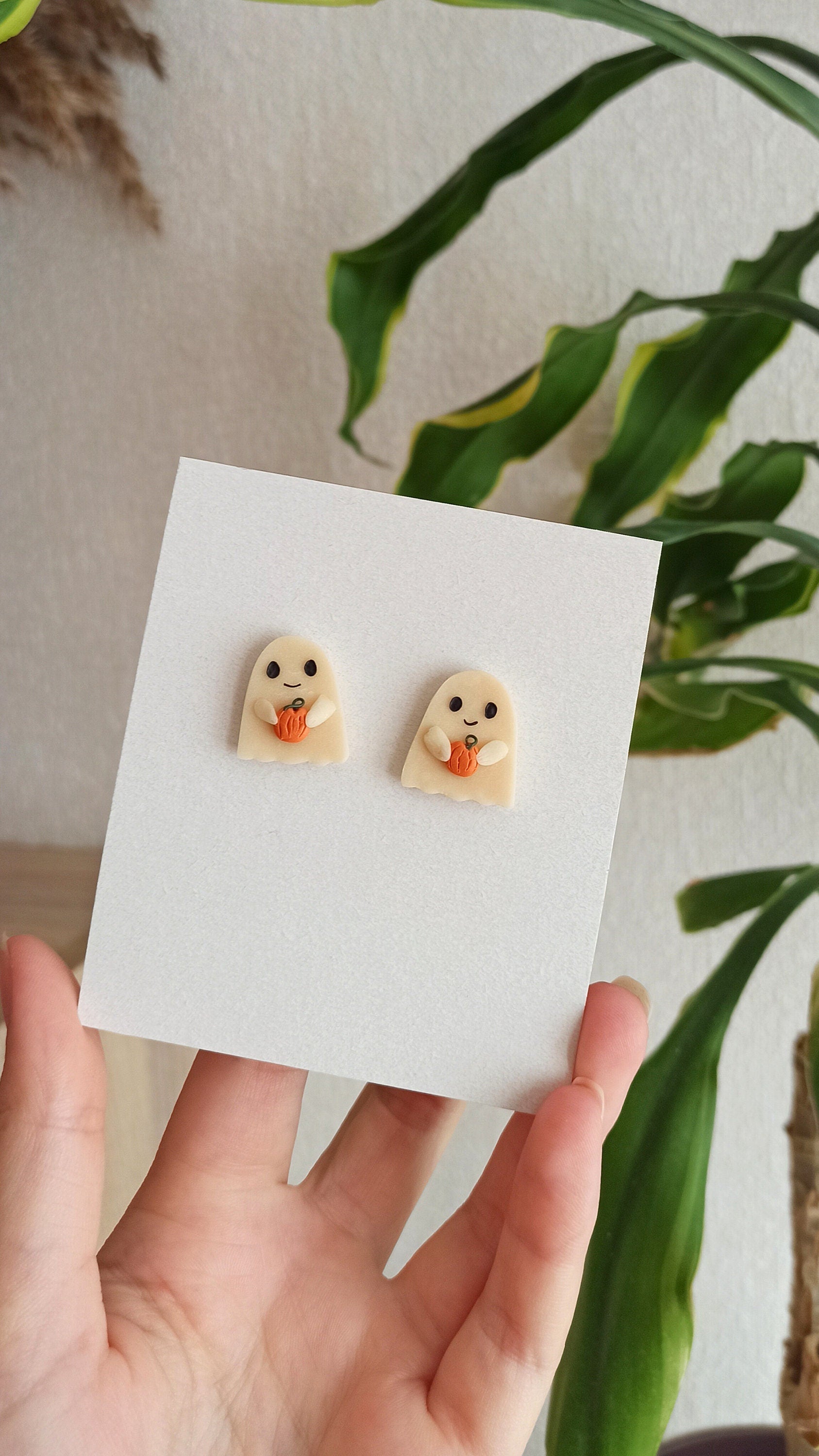 Glow in the Dark Ghost Earrings with Pumpkin | Handmade Polymer Clay Halloween Studs | Cute Spooky Ghost Gift