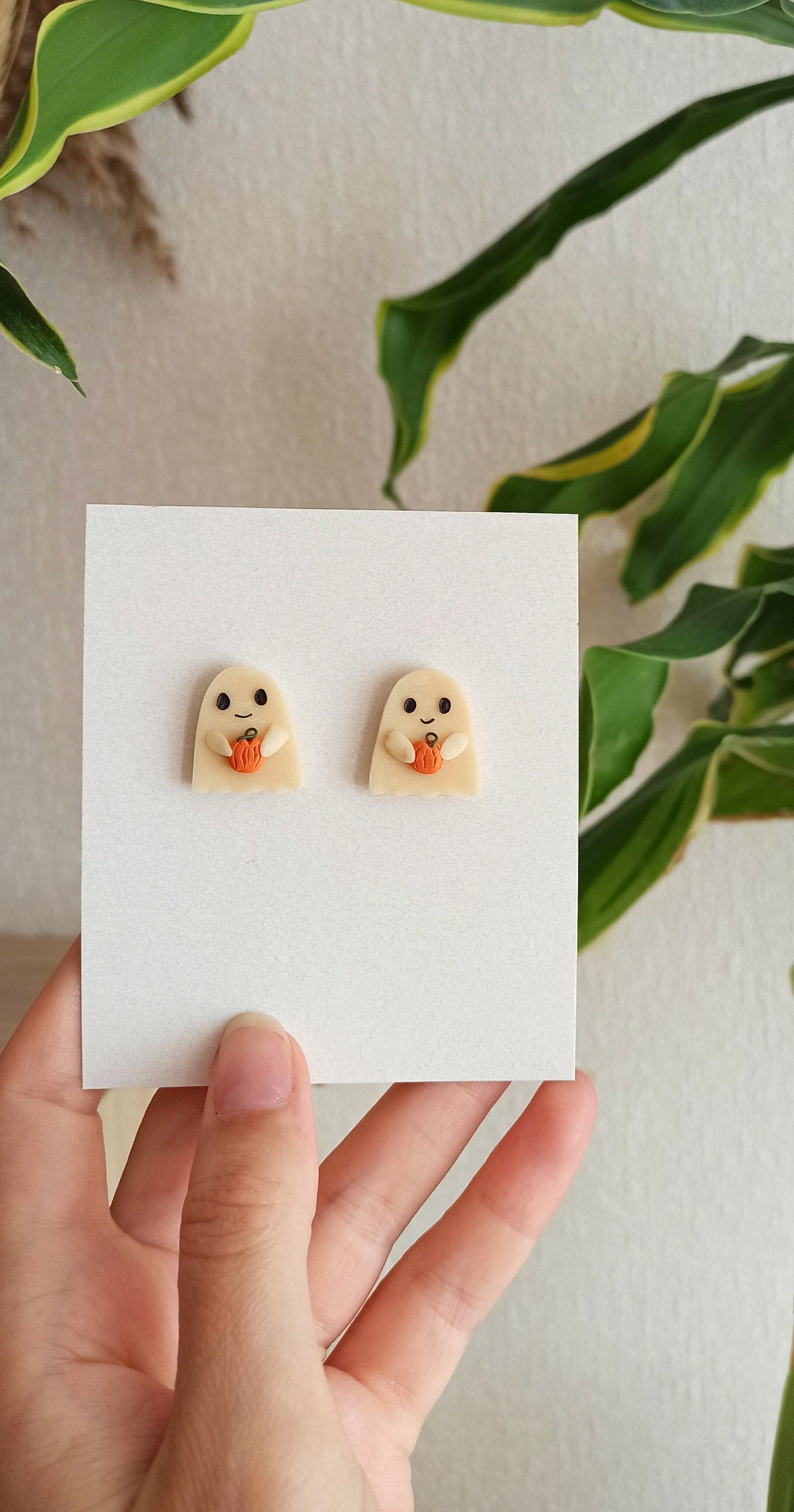 Glow in the Dark Ghost Earrings with Pumpkin | Handmade Polymer Clay Halloween Studs | Cute Spooky Ghost Gift