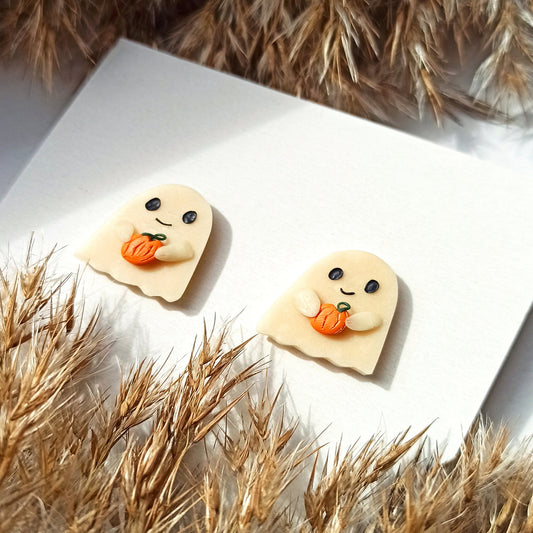Glow in the Dark Ghost Earrings with Pumpkin | Handmade Polymer Clay Halloween Studs | Cute Spooky Ghost Gift