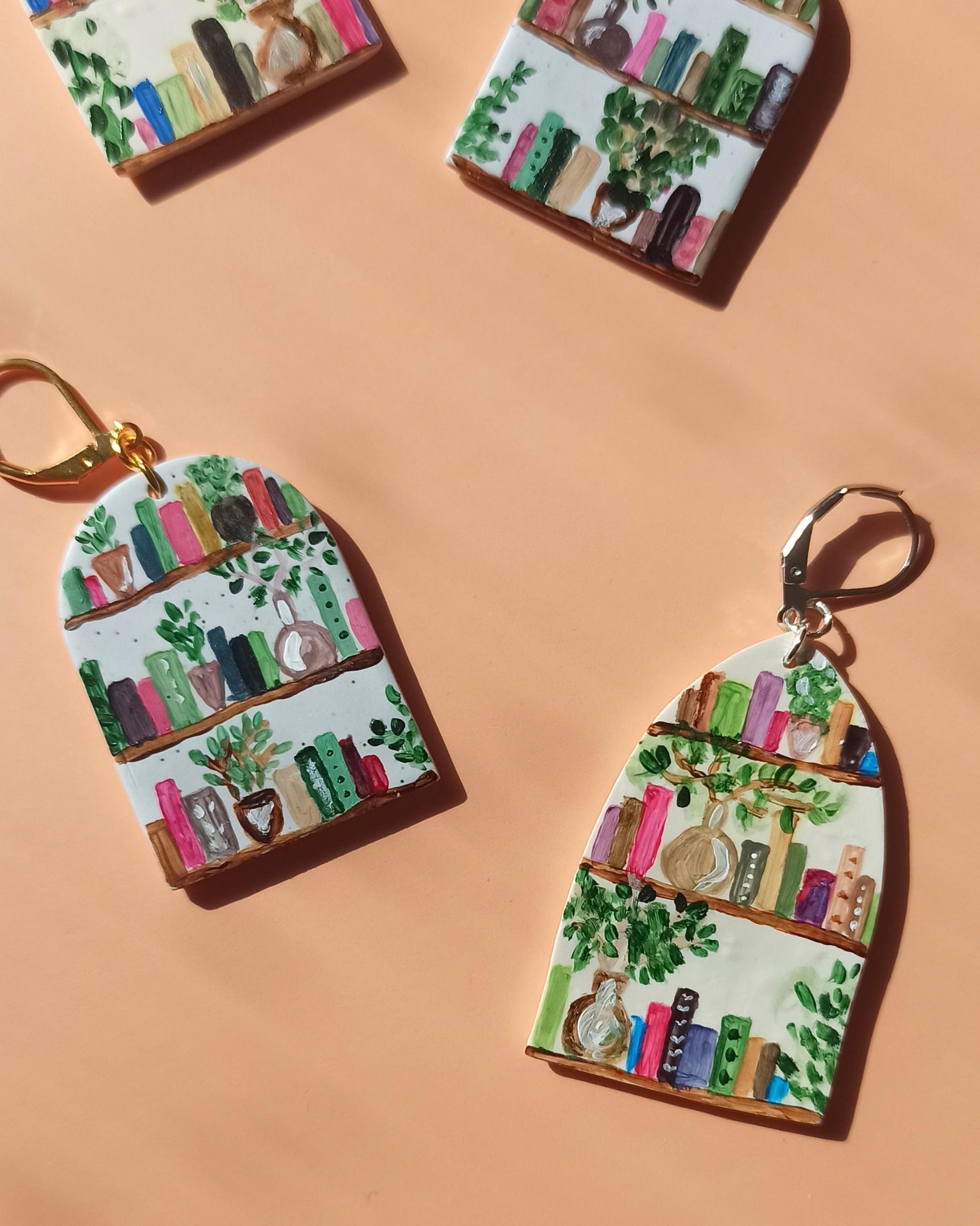 Hand Painted Bookshelf Earrings | Polymer Clay Book Lover Dangles | Unique Literary Gift for Her