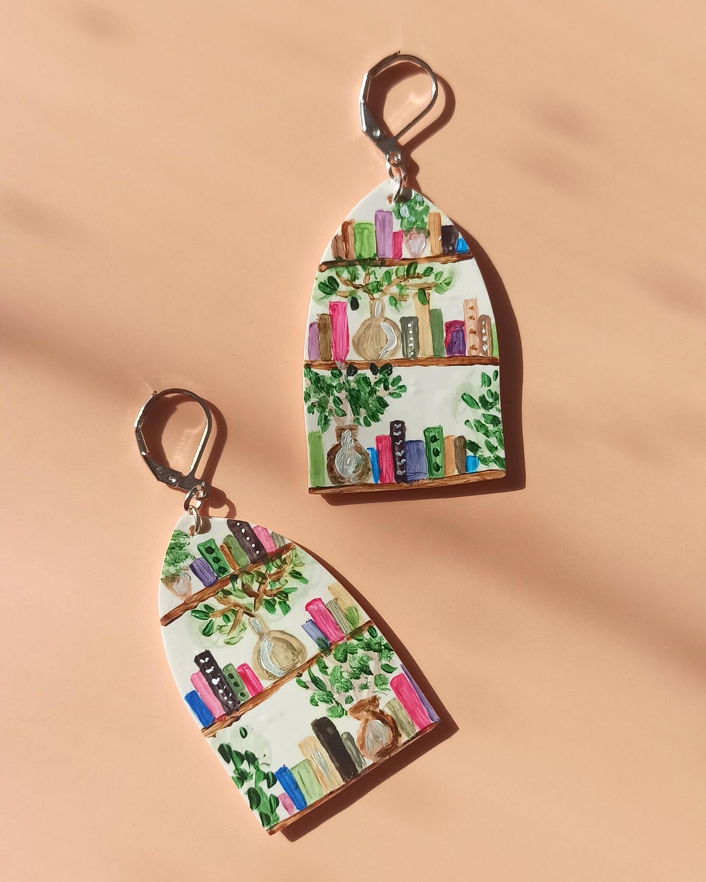 Hand Painted Bookshelf Earrings | Polymer Clay Book Lover Dangles | Unique Literary Gift for Her
