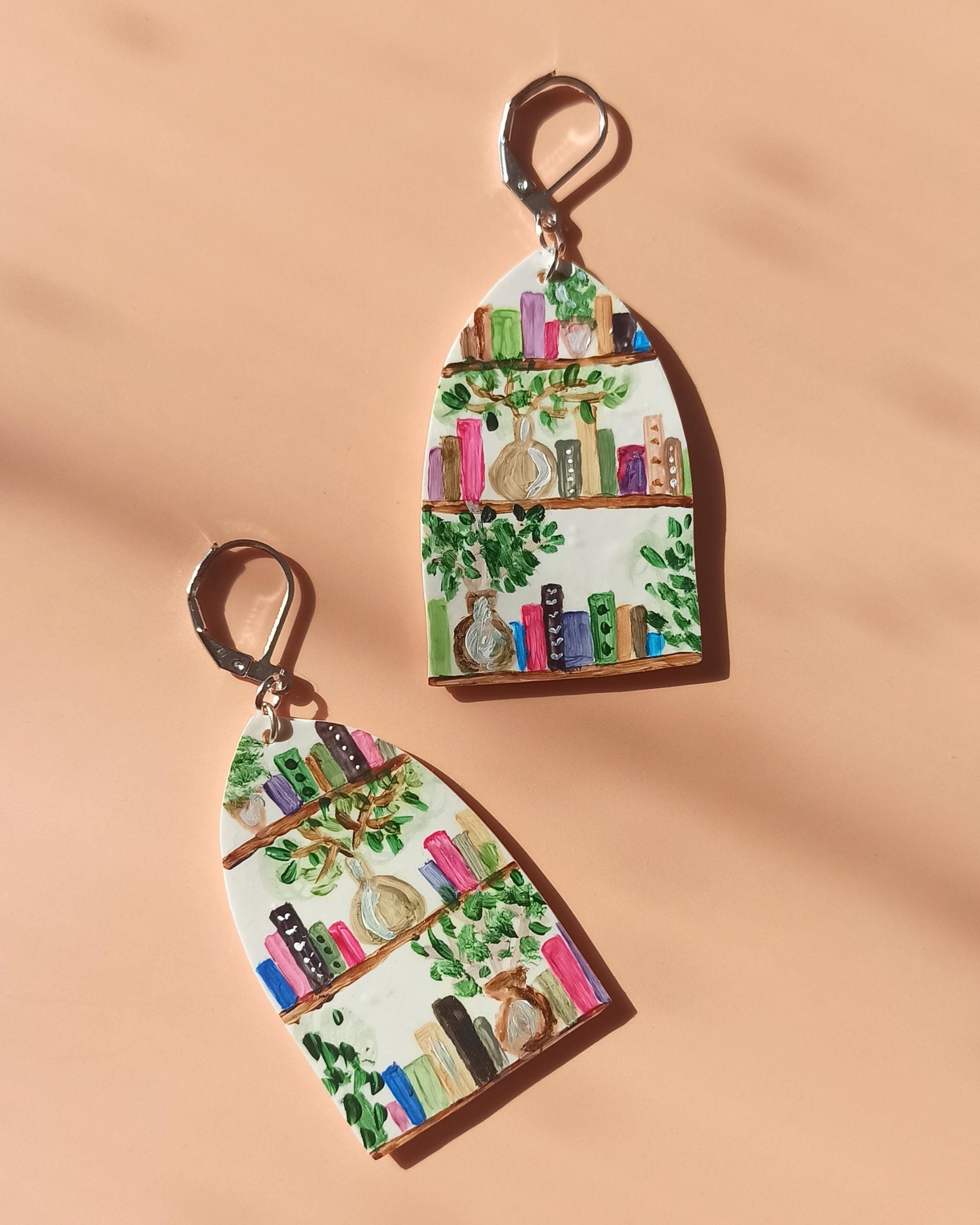 Hand Painted Bookshelf Earrings | Polymer Clay Book Lover Dangles | Unique Literary Gift for Her