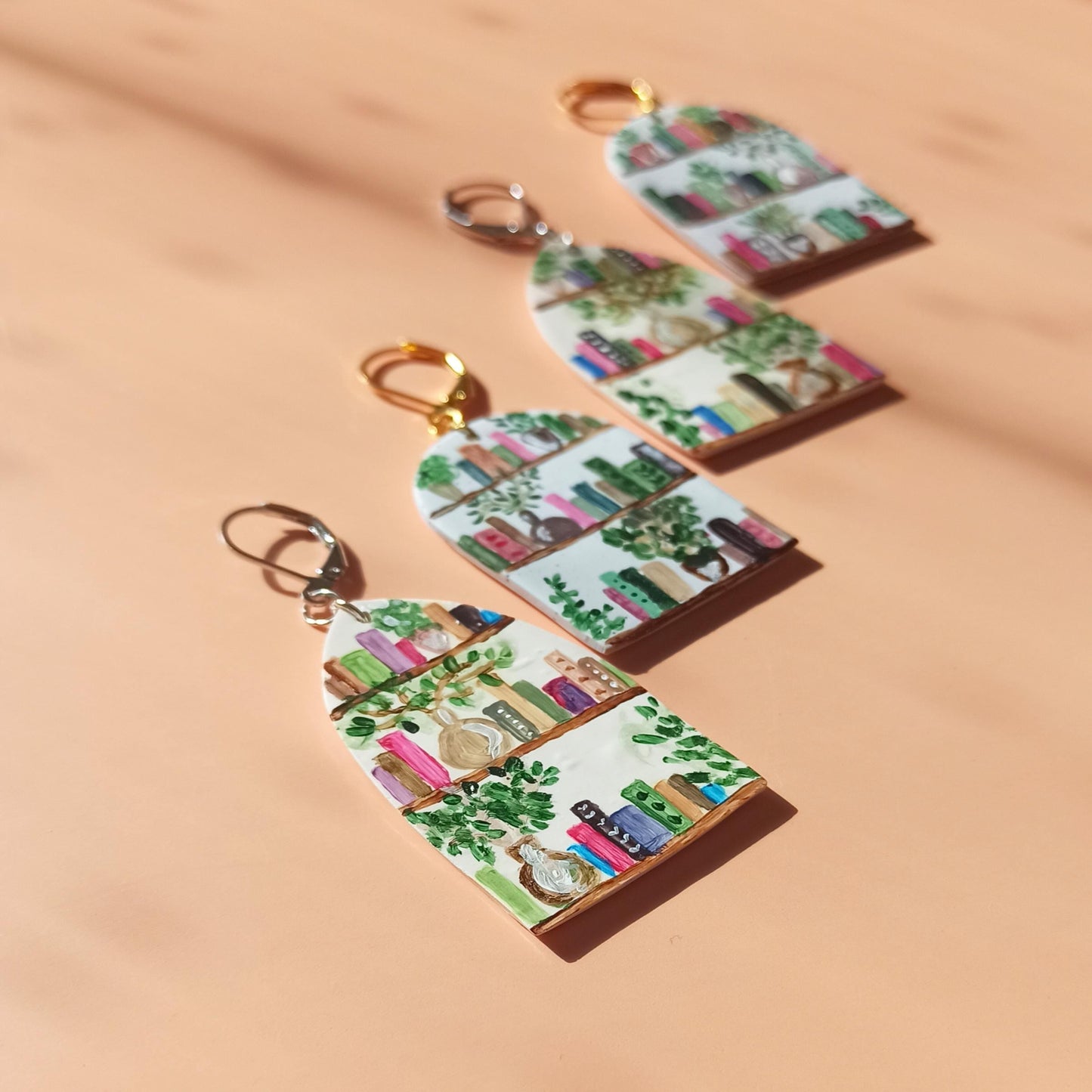 Hand Painted Bookshelf Earrings | Polymer Clay Book Lover Dangles | Unique Literary Gift for Her