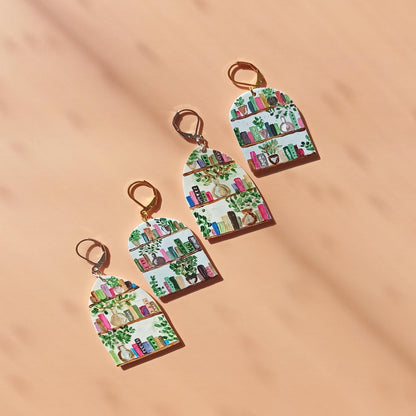 Hand Painted Bookshelf Earrings | Polymer Clay Book Lover Dangles | Unique Literary Gift for Her