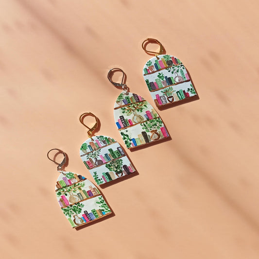 Hand Painted Bookshelf Earrings | Polymer Clay Book Lover Dangles | Unique Literary Gift for Her