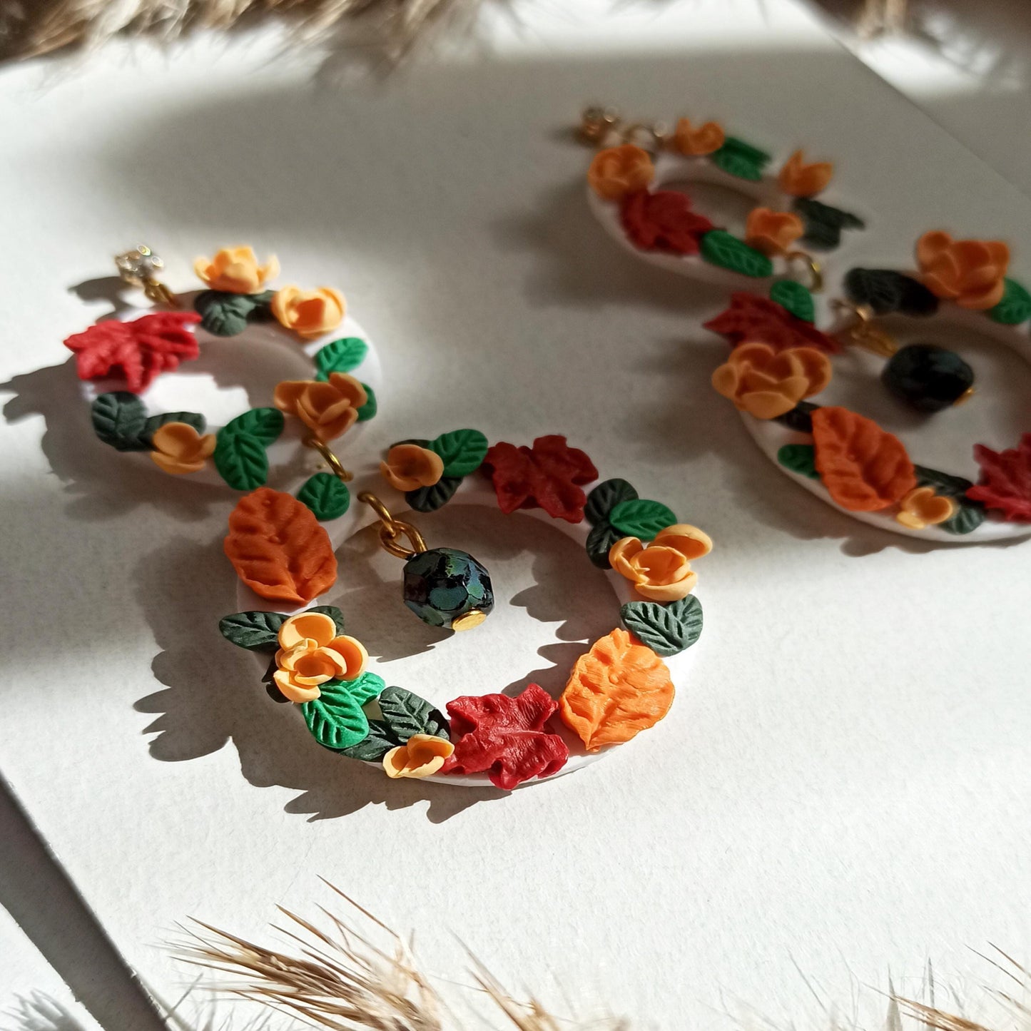Handmade Autumn Wreath Earrings | Polymer Clay Fall Leaf Dangles | Hypoallergenic Seasonal Gift