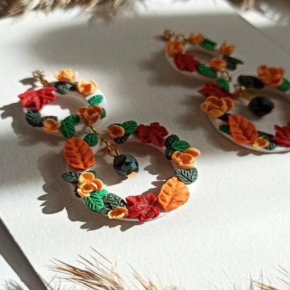 Handmade Autumn Wreath Earrings | Polymer Clay Fall Leaf Dangles | Hypoallergenic Seasonal Gift