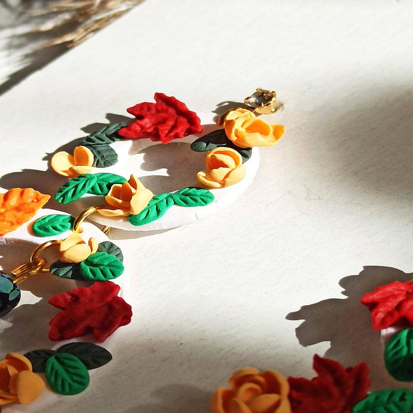 Handmade Autumn Wreath Earrings | Polymer Clay Fall Leaf Dangles | Hypoallergenic Seasonal Gift.