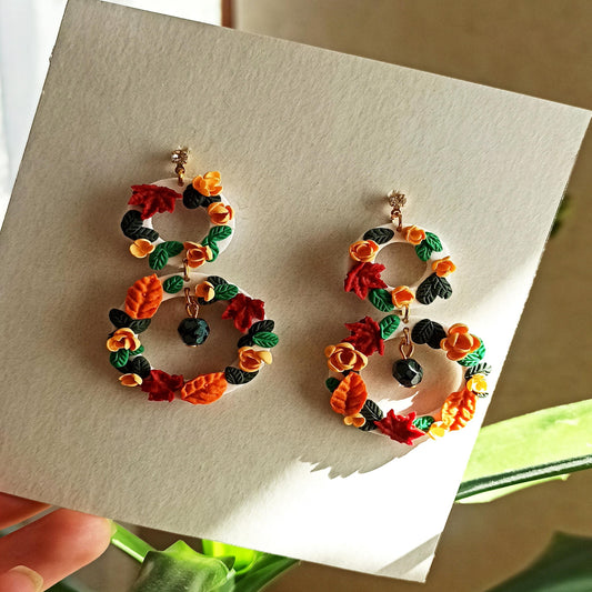 Handmade Autumn Wreath Earrings | Polymer Clay Fall Leaf Dangles | Hypoallergenic Seasonal Gift