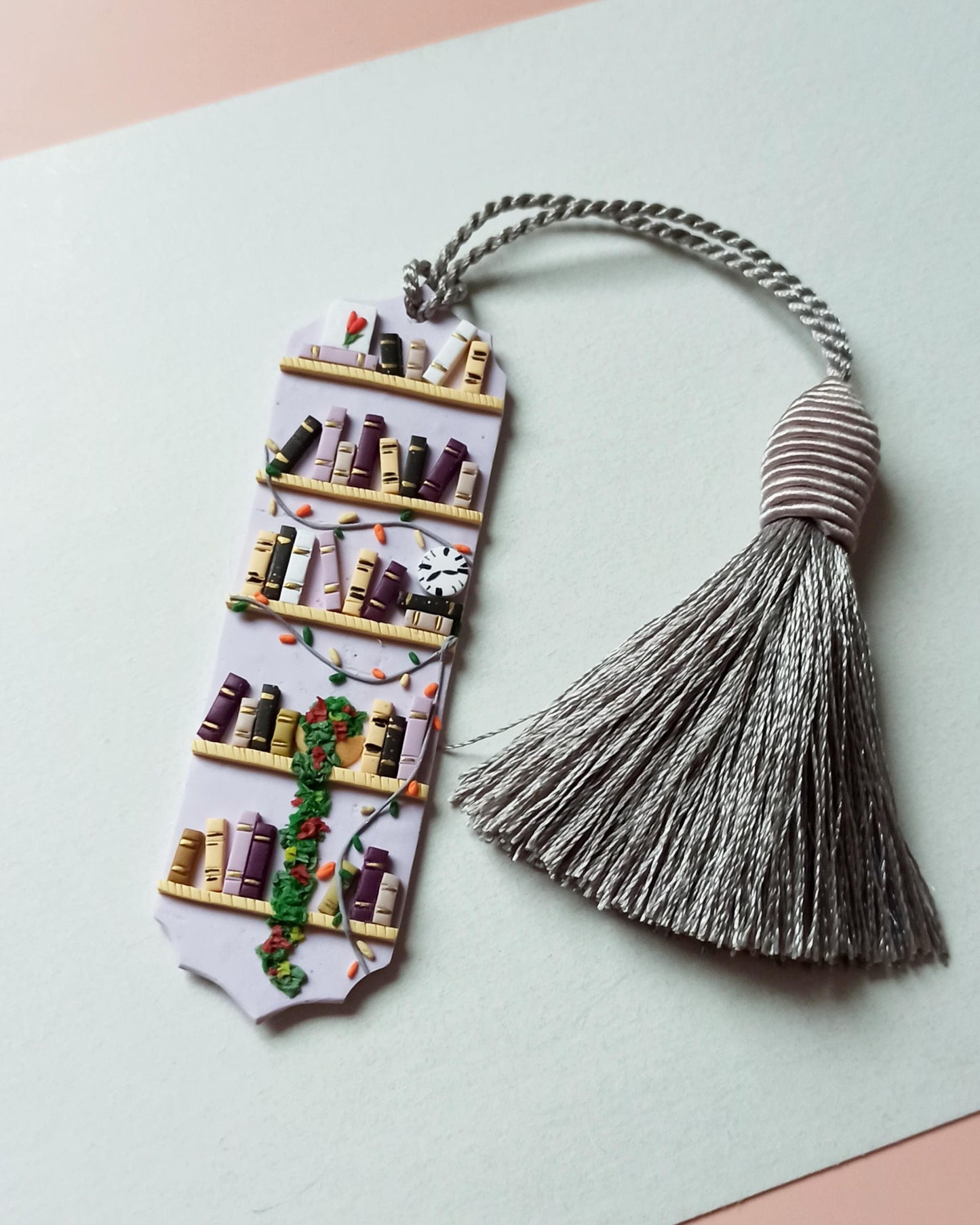 Handmade Christmas Tassel Bookmark | Purple Polymer Clay Reading Accessory | Unique Winter Bookworm Gift