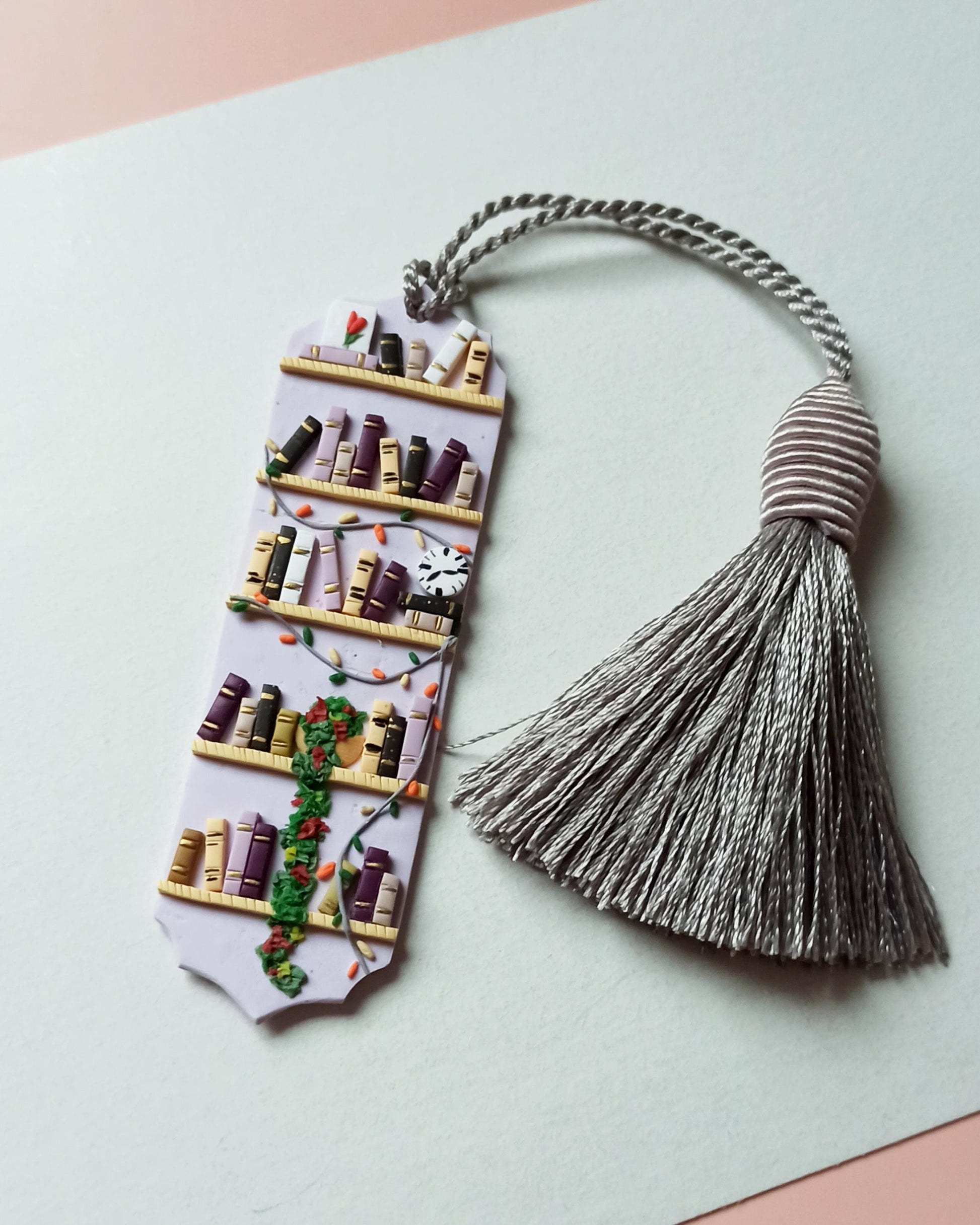 Handmade Christmas Tassel Bookmark | Purple Polymer Clay Reading Accessory | Unique Winter Bookworm Gift