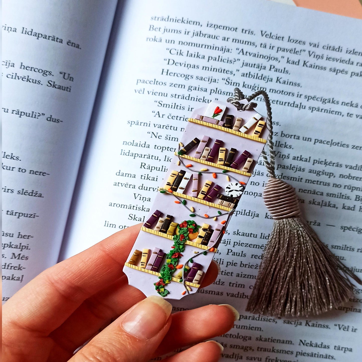 Handmade Christmas Tassel Bookmark | Purple Polymer Clay Reading Accessory | Unique Winter Bookworm Gift
