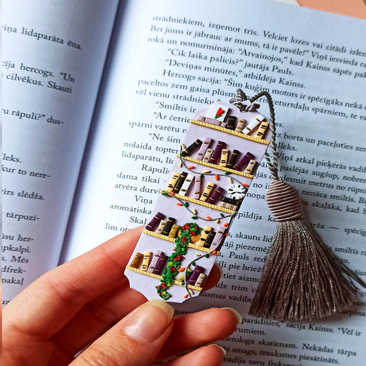 Handmade Christmas Tassel Bookmark | Purple Polymer Clay Reading Accessory | Unique Winter Bookworm Gift