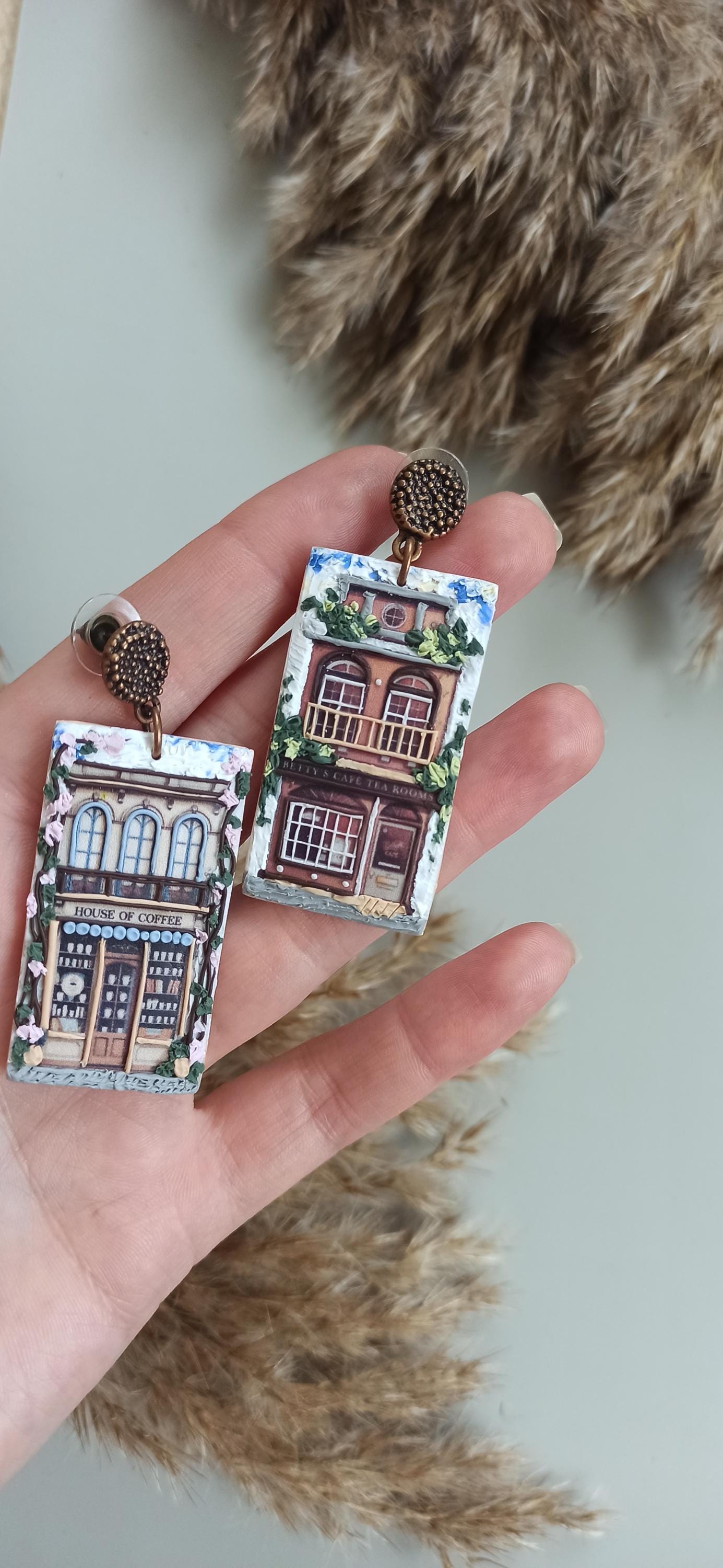 Handmade Coffee House Landscape Earrings | Polymer Clay Scenery Jewelry | Unique Gift for Coffee Lovers