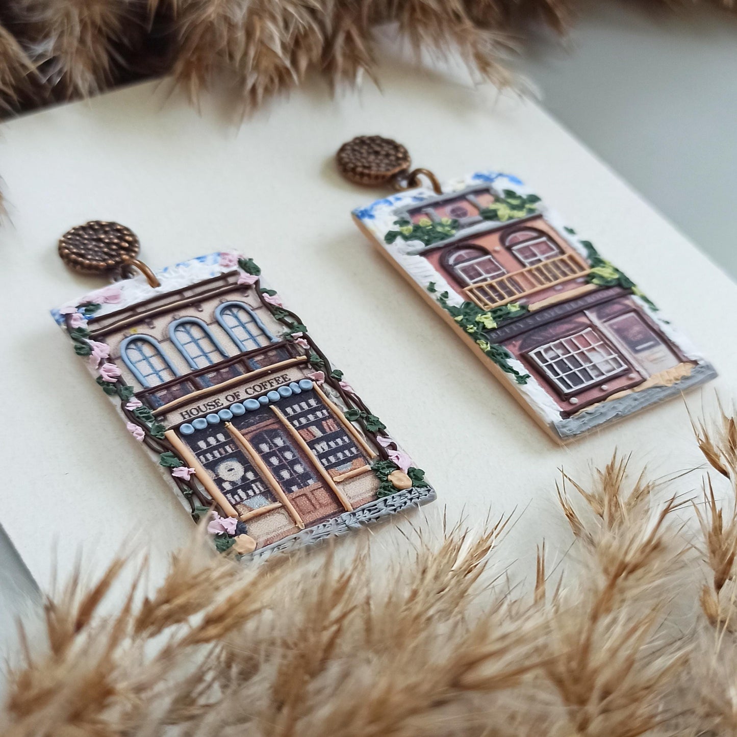 Handmade Coffee House Landscape Earrings | Polymer Clay Scenery Jewelry | Unique Gift for Coffee Lovers