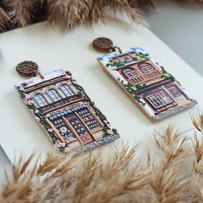 Handmade Coffee House Landscape Earrings | Polymer Clay Scenery Jewelry | Unique Gift for Coffee Lovers