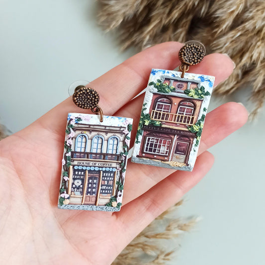 Handmade Coffee House Landscape Earrings | Polymer Clay Scenery Jewelry | Unique Gift for Coffee Lovers