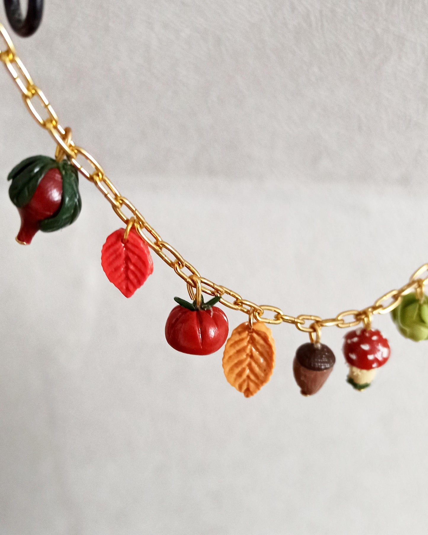 Handmade Fall Charm Necklace | Polymer Clay Autumn Harvest Jewelry | Unique Pumpkin and Leaf Charms.
