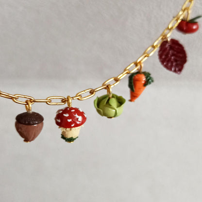 Handmade Fall Charm Necklace | Polymer Clay Autumn Harvest Jewelry | Unique Pumpkin and Leaf Charms.