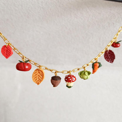 Handmade Fall Charm Necklace | Polymer Clay Autumn Harvest Jewelry | Unique Pumpkin and Leaf Charms